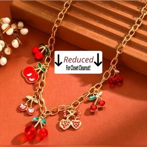 Gold Paperclip Styles CHERRY 🍒 charms Station Necklace Chain. Adjustable.